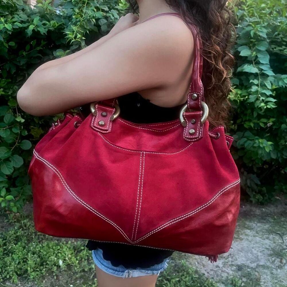 Francesco Biasia Y2K Red Leather 2way Handbag Shoulder Top Handle Authentic
